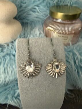 Silver Sunburst Drop Earrings with Faceted Centers - Silver